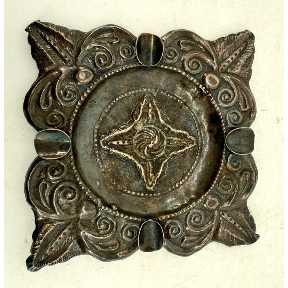 Vintage Handcrafted Metal Ashtray Ornate Embossed Floral Square‎ Rustic 5.25